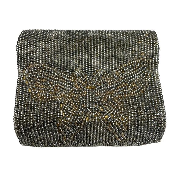 Vintage Black Silver Beaded Lipstick Case Butterfly Pattern Orange Satin Lined - Picture 4 of 6